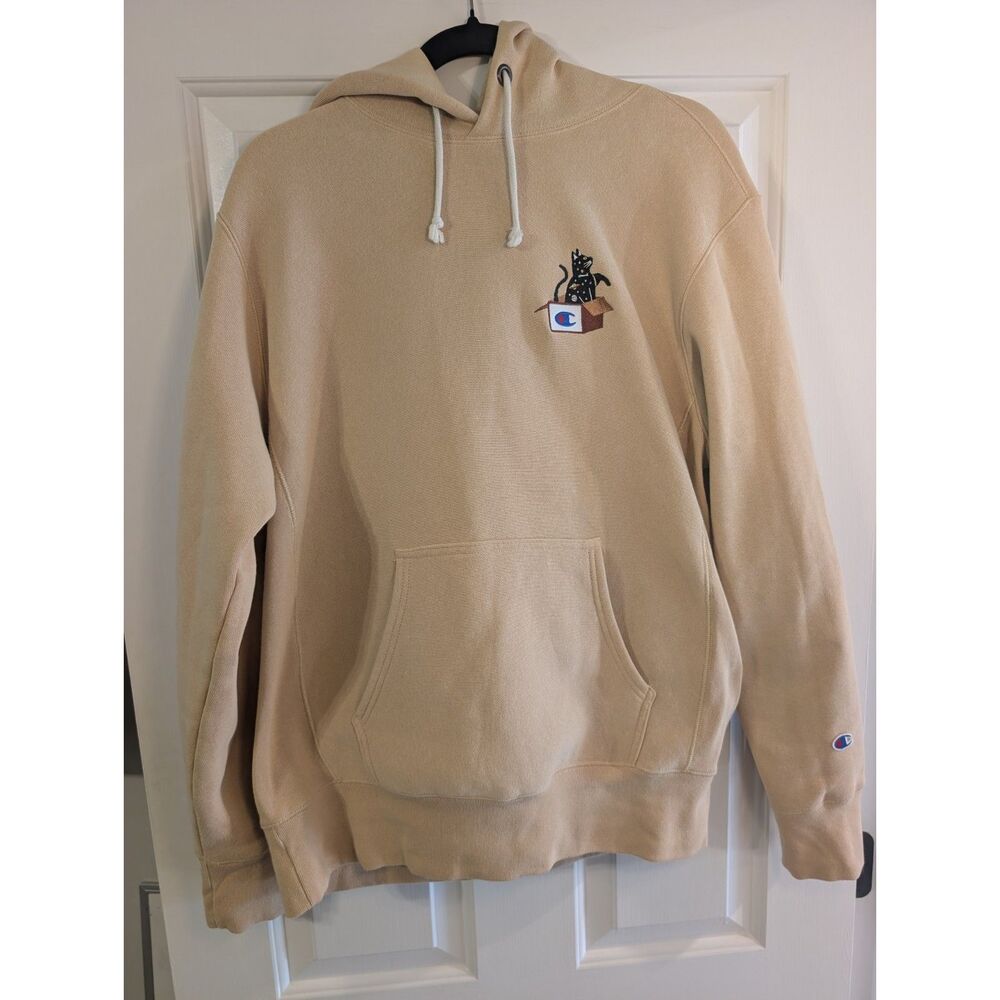 Champion Reverse Weave Hoodie Medium Tan Custom Cat in Box Embroidery